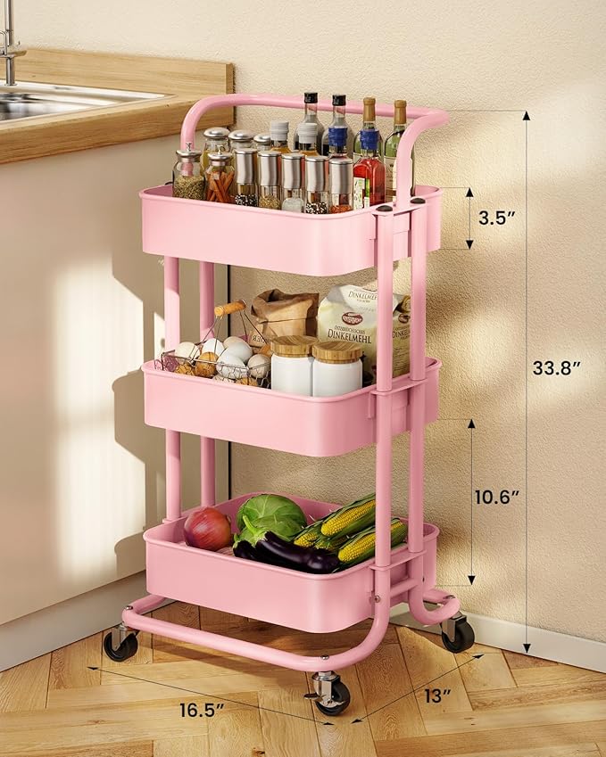 Pipishell 3 Tier Mesh Utility Cart, Rolling Metal Organization Cart with Handle and Lockable Wheels, Multifunctional Storage Shelves for Kitchen Living Room Office Pink