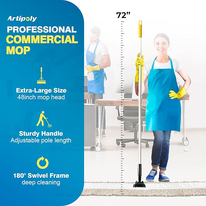 Commercial Dust Mop & Floor Sweeper，48" Industrial Dry Mop with Heavy Duty Long Handle, Premium Cotton Dust Mop Head for Hardwood Floors, Industrial, Commercial, and Residential Cleaning