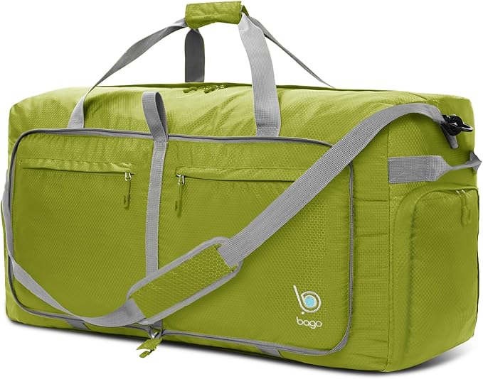 Bago Large Foldable Duffel Bags for Traveling Women & Men - 100L Packable Duffle Bag for Travel with Shoe Compartment - Water Repellant, Heavy Duty, Lightweight Folding & Collapsible (Green)