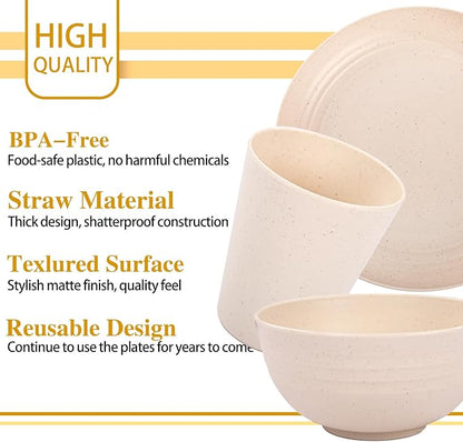 LIYH 16 Pcs Beige Wheat Straw Dinnerware Sets - Unbreakable Dinner Cream Plates,for 4 Plates and Bowls Set, Plastic Dinnerware Set Wheat Straw Bowls Cups Dish for 4 for Kitchen & Camping