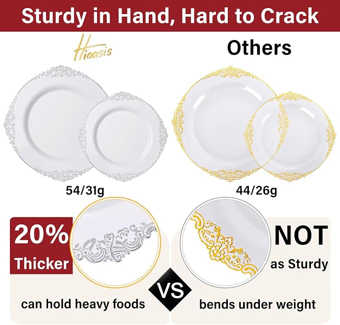 210 Pcs White Silver Plates for Party | White Party Plates Set for 30 Guests