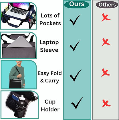 Travel Lap Desk, Travel Tray, Portable Lapdesk for Car, Remote Work, Road Trips, School, Laptop Pad with Storage Pocket, Tablet Holder, Shoulder Strap, Fits up to 15.6-Inch Laptop (Navy)