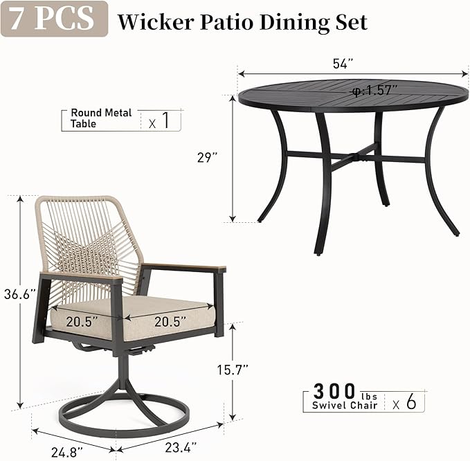 Patio Dining Set 7 Piece, 6 x Woven Rattan Swivel Chairs
