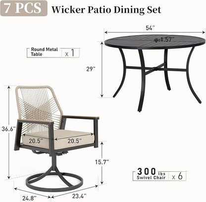 Patio Dining Set 7 Piece, 6 x Woven Rattan Swivel Chairs