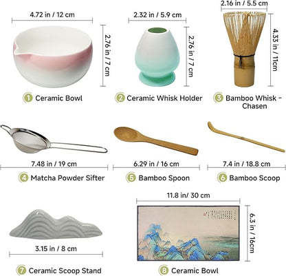 Matcha Whisk Set with Ceramic Bowl - Bamboo Whisk (Chasen), Scoop, Sifter & Holder - Complete Kit for Traditional Matcha Tea - Unique Gifts for Tea Lovers (Sakura Moss Fade)