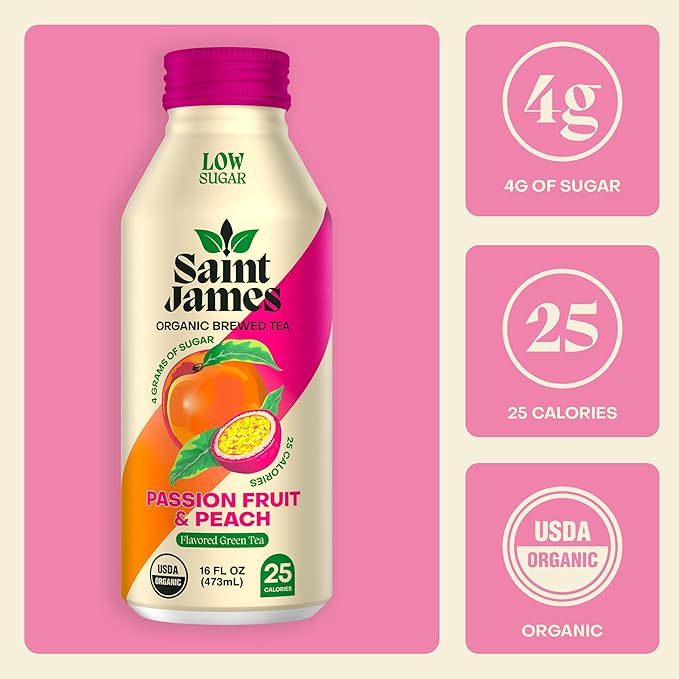 Saint James Iced Tea - Organic Green Tea - Non GMO, Gluten Free, Low Calorie & Low Sugar - Passion Fruit & Peach, 12 Pack (16 fl oz each)