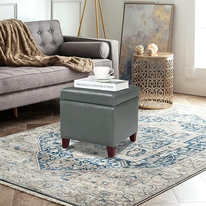 Adeco Bonded Leather Square Tufted Cubic Cube Footstool, 18" Height Storage Ottomans, with Lid, Cement Grey