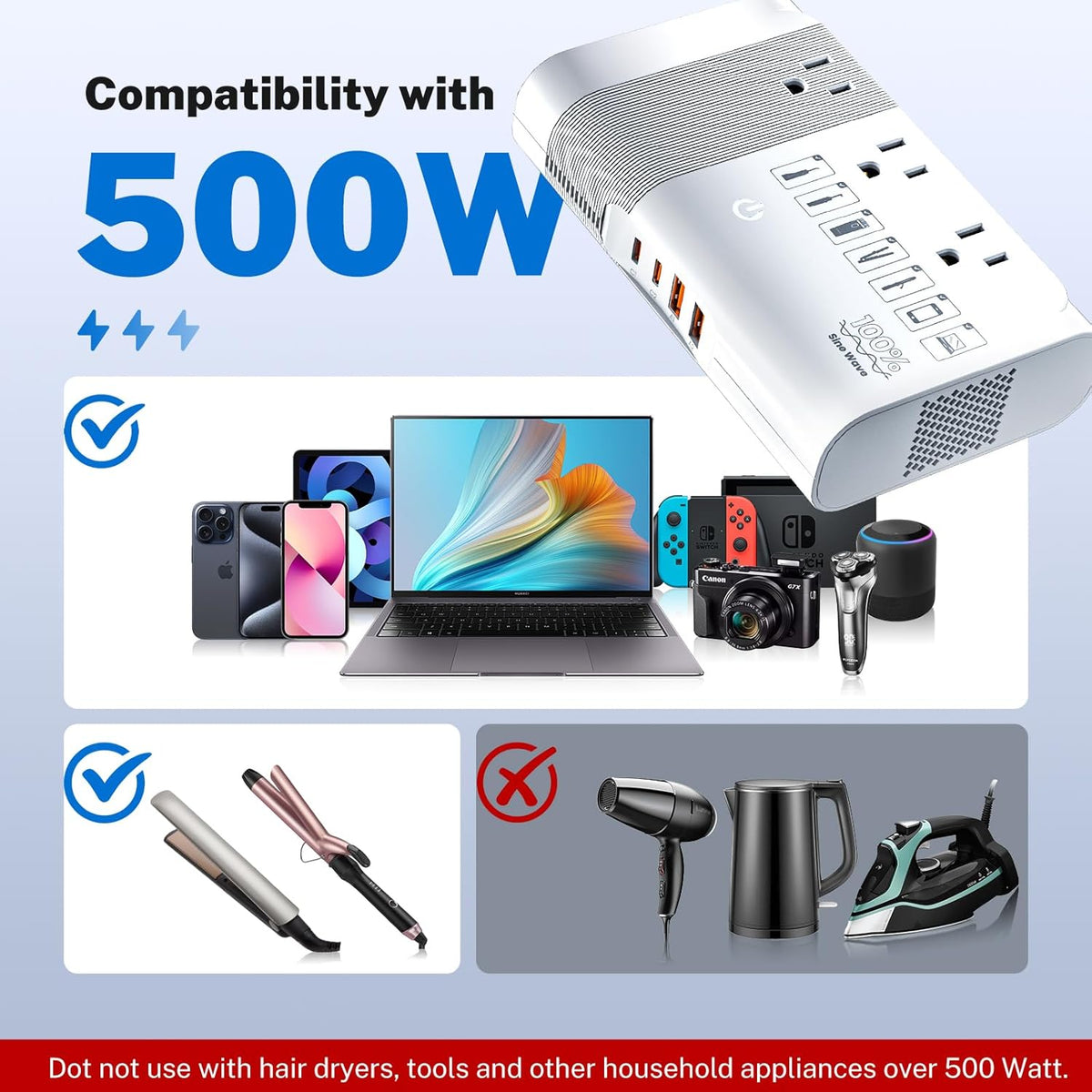 DOACE 500W Universal Travel Adapter 220V to 110V Voltage Converter, Pure Sine Wave European Travel Plug Adapter Converter, Transformer for US to Most Europe，UK/AU/EU/IT with 3 US Outlets & 4 USB
