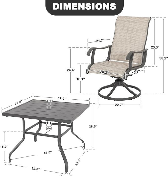 NUU GARDEN 5-Piece Outdoor Patio Dining Set, Slatted 37’’ Square Table