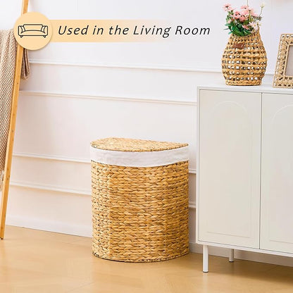 Half Round Wicker Laundry Hamper with Lid and 2 Removable Liner Bags, Handwoven Natural Water Hyacinth Laundry Basket for Dirty Clothes, Natural