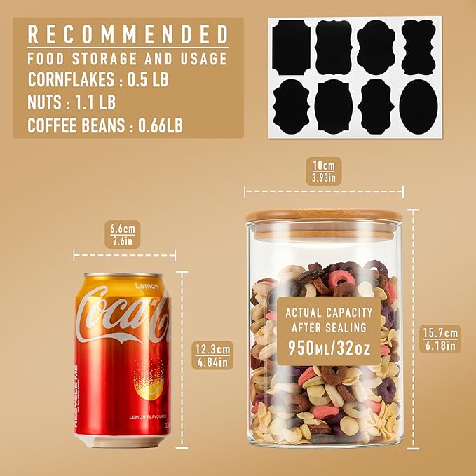 32oz Straight Cylindrical Airtight Storage Containers with Bamboo Lids Set of 6, Round Stackable Canisters, Food Jars, Pantry Organizers for Sugar, Cookies and Coffee beans (with Black Lable)