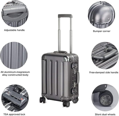 TRAVELKING All Aluminum Carry On Luggage with TSA Locks Fashion Cool Metal Hard Shell Spinner Suitcase (Grey, 20 Inch)
