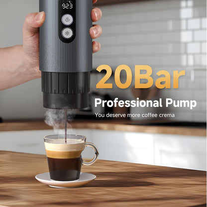 AMZCHEF Portable Espresso Machine w/ 9000mAh Battery & USB-C, 2-in-1 Travel Coffee Maker for Ground/NS Capsules, Car Coffee Machine Self-Heating for Camping, RV, Hiking, Office, Aluminum