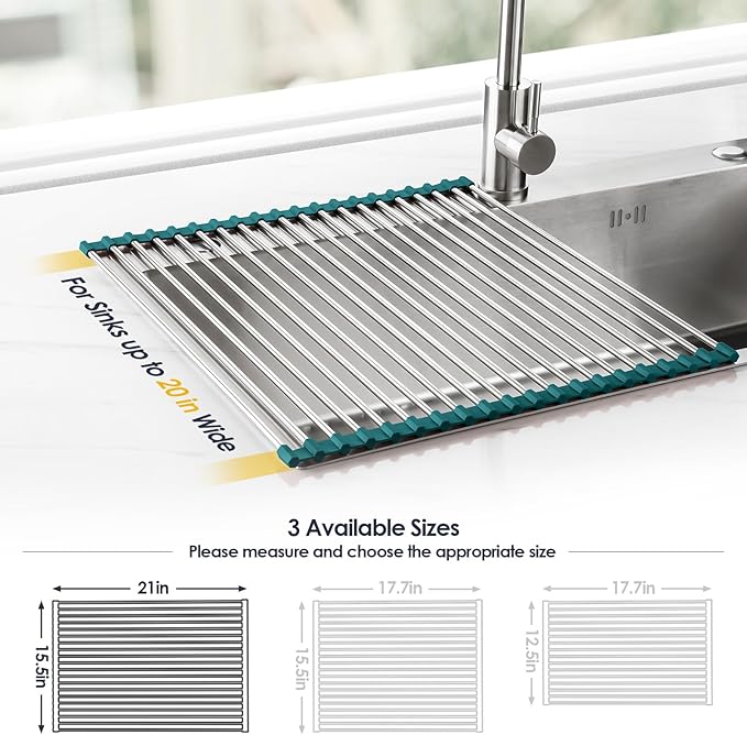Tomorotec Stainless Steel Roll Up Dish Drying Rack, Foldable Over The Sink Rolling Drainer Rack, Multipurpose Kitchen Gadget Draining Caddy Organizer, Space Saving Sink Accessory Storage Shelf Holder