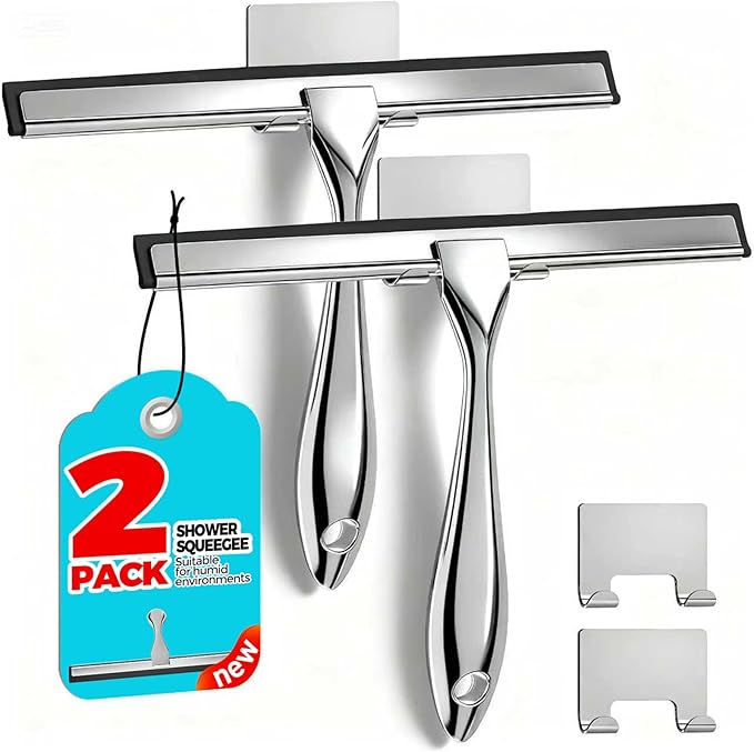 2PACK Shower Squeegee for Glass Doors, Squeegee for Shower Glass，All-Purpose Tile Walls, Bathroom, Window, Glass and Car Windshield, Mirrors and Kitchen-Stainless Steel, 10 Inches, Silver