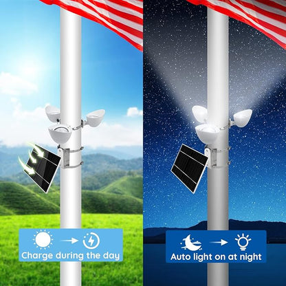 Solar Flag Pole Light, 3 Super-Spotlights LEDs, Adjustable Metal Clamps Fits
