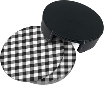 6 Pcs Black White Striped Plaid Leather Coasters