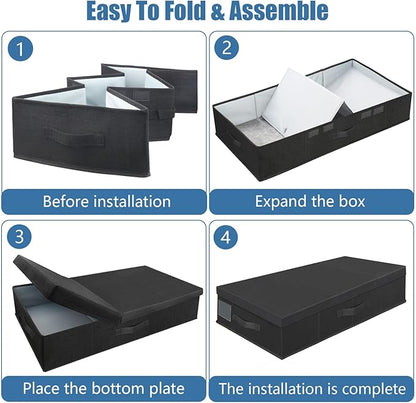 Underbed Storage Containers Bin with Lids (Set of 2) Large Under Bed Storage Organizer Box with Handle, Foldable Under the Storage Bags for Organizing Clothes, Shoes, Blankets, Pillows-Black