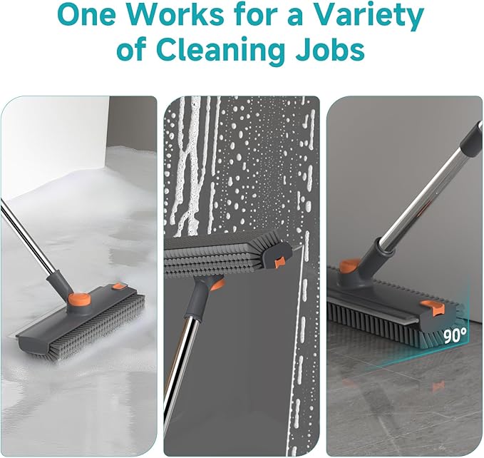 Floor Scrub Brush with Long Handle Length Adjustable, 3 in 1 Heavy-Duty Stiff 90° Bristle Floor Scrubber Broom with Squeegee, Cleaning Brush for Bathroom, Garage, Kitchen, Tile, Deck & Patio (Gray)
