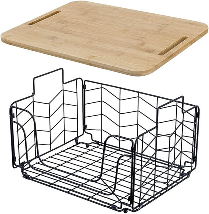 MyGift Kitchen Storage Wire Basket, Foldable Matte Black Metal Fruit and Produce Basket with Bamboo Cutting Board Lid, Pantry Counter Organization
