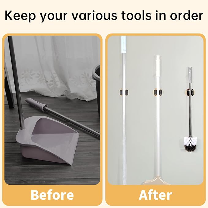 4pcs Anti-Slip Broom and Mop Holder,Wall Mounted Utility Rack with Screws,Stainless Steel Heavy Duty Mop and Broom Hanger,Space-Saving for Kitchen,Home,Bathroom,Garden,Garage Storage.Gold