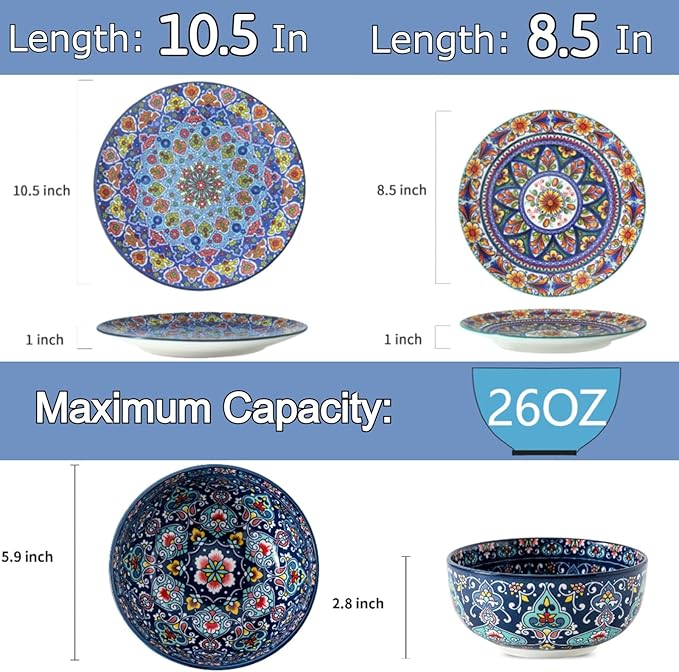 glowworm Dinnerware Sets for 6, 18 Pieces Plates and Bowls Set, Ceramic Dishes Set for 6, Oven, Microwave & Dishwasher Safe, Scratch Resistant, Bohemian