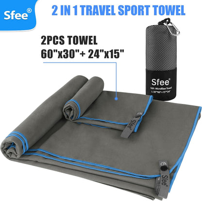 Sfee 2 Pack Microfiber Travel Towel, Quick Dry Camping Towel Large Beach Towel Super Absorbent Compact Lightweight Sports Gym Towels for Yoga, Gym, Hiking, Pool, Backpacking, Bath