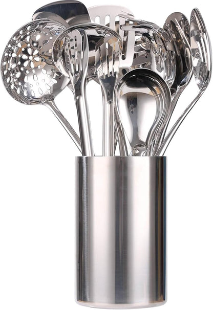 18/10 Stainless Steel Kitchen Utensils Set with Holder - 15″ Spatula Spoon Set with Storage Organizer for Countertop, Fork, Tongs, Spatula, Ladle, Skimmer, Turner, Spaghetti, Large Spoon Set of 12