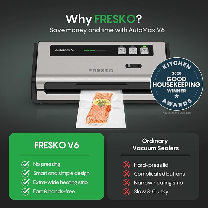FRESKO Food Vacuum Sealer with Automatic Bag Detection, Double Heat Seal, Built-in Bag Roll Storage & Cutter, 2 Rolls Bags, Starter Kit