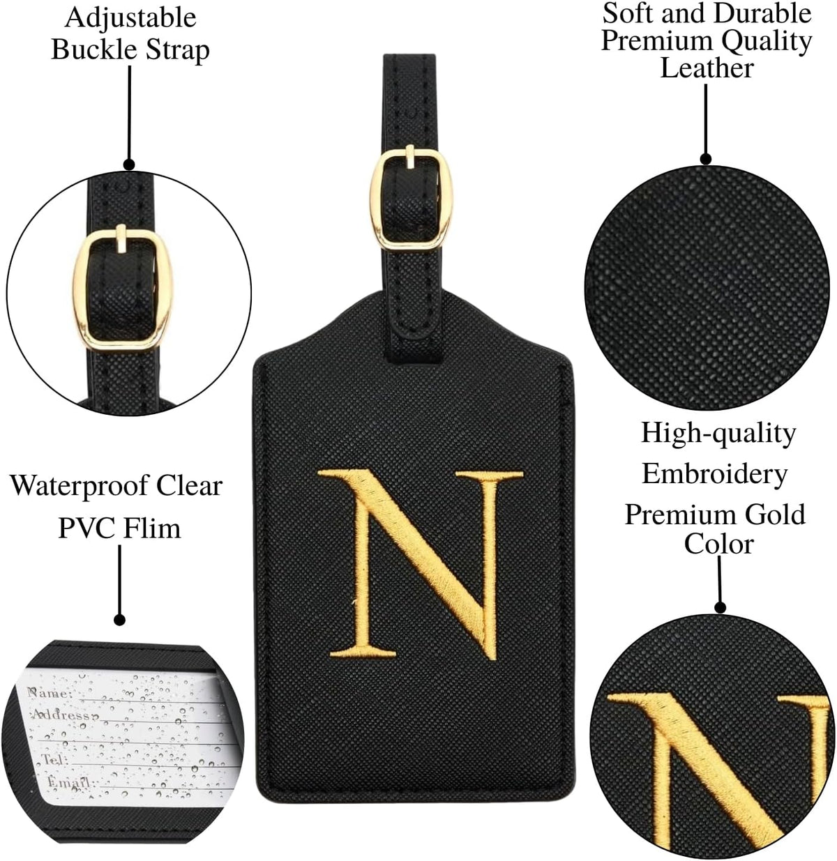 Luggage Tag PU Leather for Suitcase Baggage Handbag Travel Bag Label Suitcase Tag Label Tag w. Name Card & Privacy Cover (N)