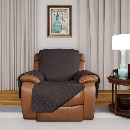PureFit Reversible Quilted Sofa Cover, Water Resistant Slipcover Furniture Protector, Washable Couch Cover with Non Slip and Elastic Straps for Kids, Dogs (Oversized Recliner, Chocolate/Chocolate)