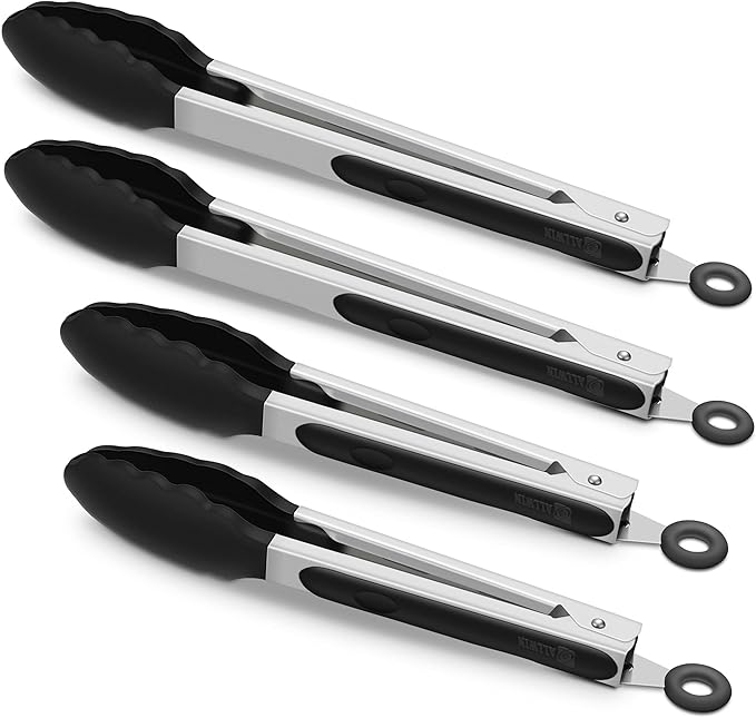4 Pack Black Kitchen Tongs, Premium Silicone BPA Free Non-Stick Stainless Steel BBQ Cooking Grilling Locking Food Tongs, 9-Inch & 12-Inch