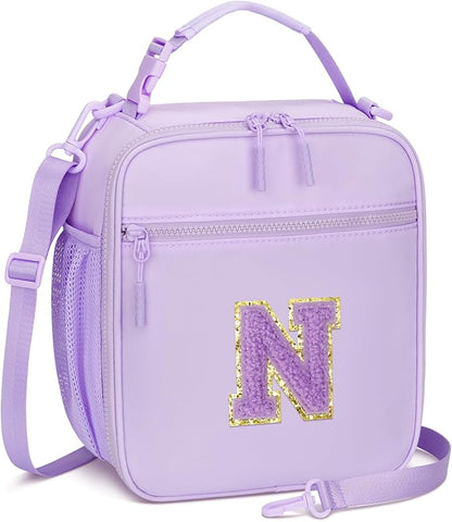 Initial Insulated Lunch Bag for Girls Kids, Back to School Gift, Reusable Leak-proof Lunch Box with Adjustable Strap for School Daycare Travel Picnic (Purple,N)