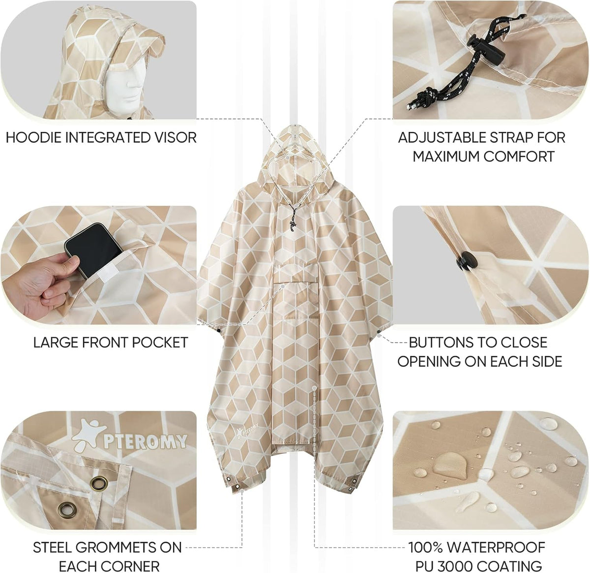 PTEROMY Hooded Rain Poncho for Adult with Pocket, Waterproof Lightweight Unisex Raincoat for Hiking Camping Emergency