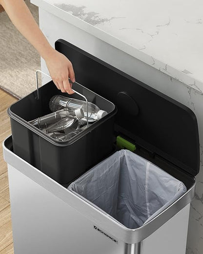 SONGMICS Kitchen Trash Can, 16 Gallon (2 x 8 Gallon) Dual Compartment Garbage Can, 60L Pedal Recycling Bin, Stays Open and Soft Close, Stainless Steel, 15 Bags Included, Metallic Silver ULTB202E01