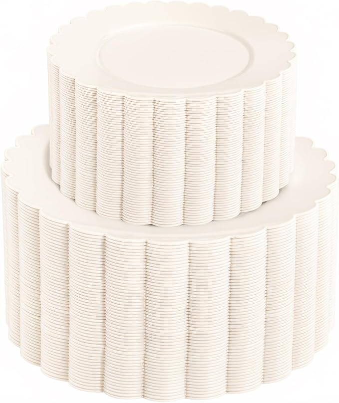 100pcs Ivory Plastic Plates Fancy Scalloped Plates