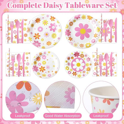 450 Pcs Daisy Groovy Tableware Set Decorations, Serves 50 | Boho Daisy Flower