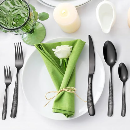 20-Piece Modern Black Hammered Silverware Set, 18/10 Stainless Steel Flatware