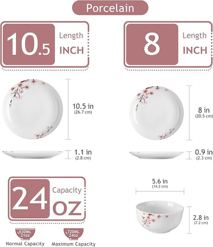VEWEET Porcelain Dinnerware Sets for 4, 12 Pieces Plates and Bowls Set with Pink Floral, Kitchen Dishes Set Dining Ware for Family, Microwave and Dishwasher Safe, Series ANNIE