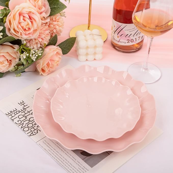 LIYH 24 Pcs Pink Plates Reusable, Pink Plastic Scalloped Plate Durable and Dishwasher Safe,Baby Shower Plate, Light Weight Daisy Plastic Wavy Plates for Wedding Party Birthday