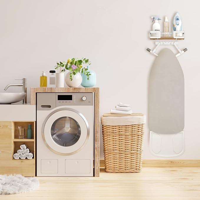 Ironing Board Holder Wall Mount, Iron Board Wall Hanger, Sewing, Laundry Room Organization, White, T&V Shaped Space Saving Iron Holder for Laundry Room Decor and Accessories, Organization and Storage