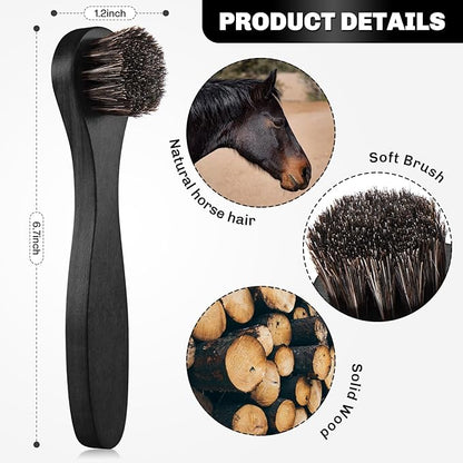 4 Pcs Horsehair Shine Shoes Brush Kit Polish Dauber Applicators Cleaning Leather Shoes Boots Care Brushes Suede Cleaner Brush with Microfiber Shoe Cloth(Black Handle A)