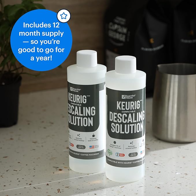 Essential Values Compatible with Keurig Descaling Solution - Specially Formulated for Keurig Descaler - Espresso Machine, Coffee Pot Cleaner - 12 Month Supply 2-Pack