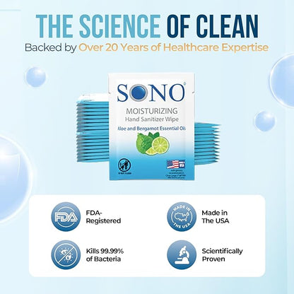 SONO Bergamot & Aloe Moisturizing Hand Sanitizer Wipes - TSA-Approved Travel Size Individual Packs for On-the-Go Hygiene & Cleansing - Alcohol-Free Antibacterial for Hands & Surfaces