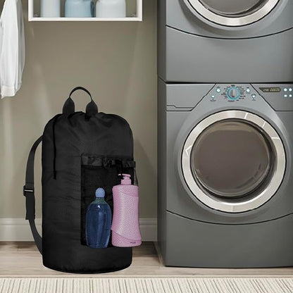 Laundry Bag Backpack Large Travel Laundry Bag with Adjustable Shoulder Straps Portable Laundry Hamper for College, Dorm, Apartment Camp(Black)