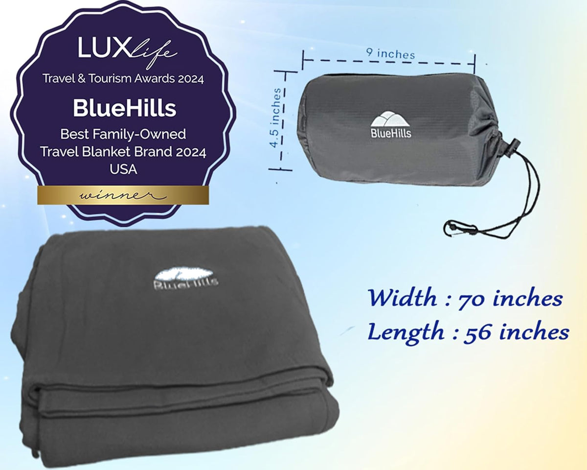 BlueHills Ultra Compact Travel Blanket Pillow in Portable Bag Case Soft 70 X 56 with Strap Backpack Clip Premium Cozy Soft Compact Pack Large Blanket for Airplane Flight Layover Grey - Gray C002