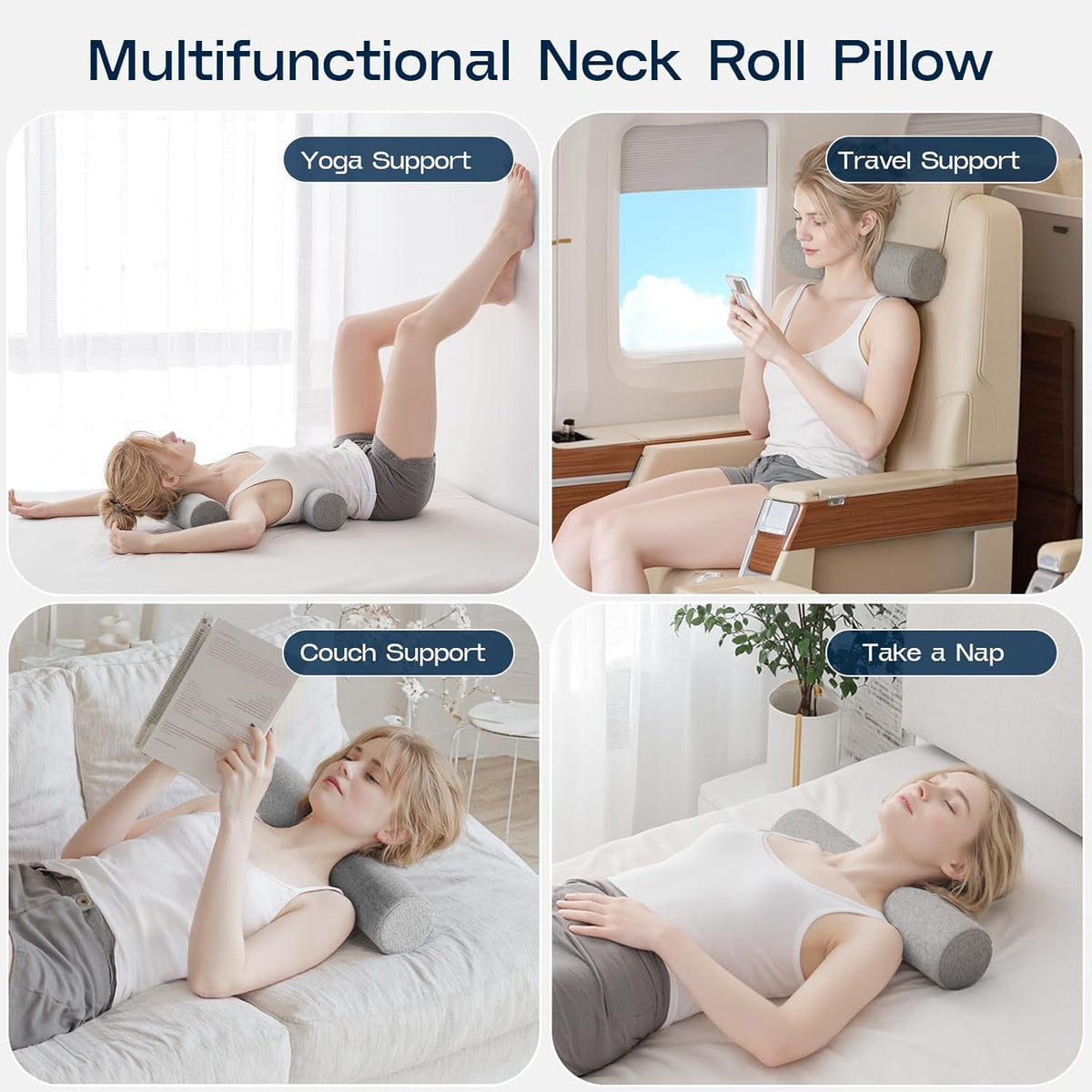 Neck Roll Pillow, Memory Foam Neck Support Pillows, Round Neck Pillows, Cylinder Bolster Pillows for Bed, Couch, and Yoga, Removable Washable Cover,18 * 4 * 4 inch (Grey)