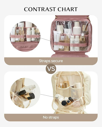 EACHY Hanging Toiletry Bag, Satin 4 Compartments Travel Toiletry Bags for Women, Large Capacity Make Up Organizer Bag with Handle & Compartments (Rose-Pink, L)