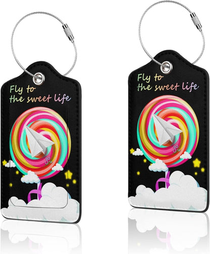 2 Pack Luggage Tag for Suitcase, Cute Unique Leather Suitcase Tags Identifiers with Privacy Name Address Labels & Durable Steel Loop for Women Men Travel
