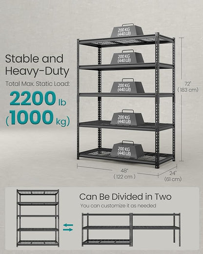 SONGMICS 5-Tier Storage Shelves, Heavy-Duty Garage Shelving, Adjustable Shelving Unit, Steel Shelf, Boltless Assembly, for Garage, Shed, 2,200 lb Load, 24 x 48 x 72 Inches, Ink Black UGLR454B01